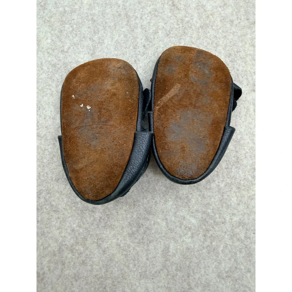 Infant Black Leather Bow Moccasins Soft Sole Baby Shoes Size 3/4 4.75 Inch sole